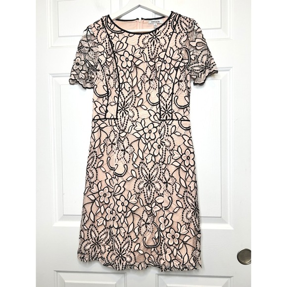 Kensie Lace Sheath Dress Womens 10 Pink Black Excellent Floral Short Sleeve